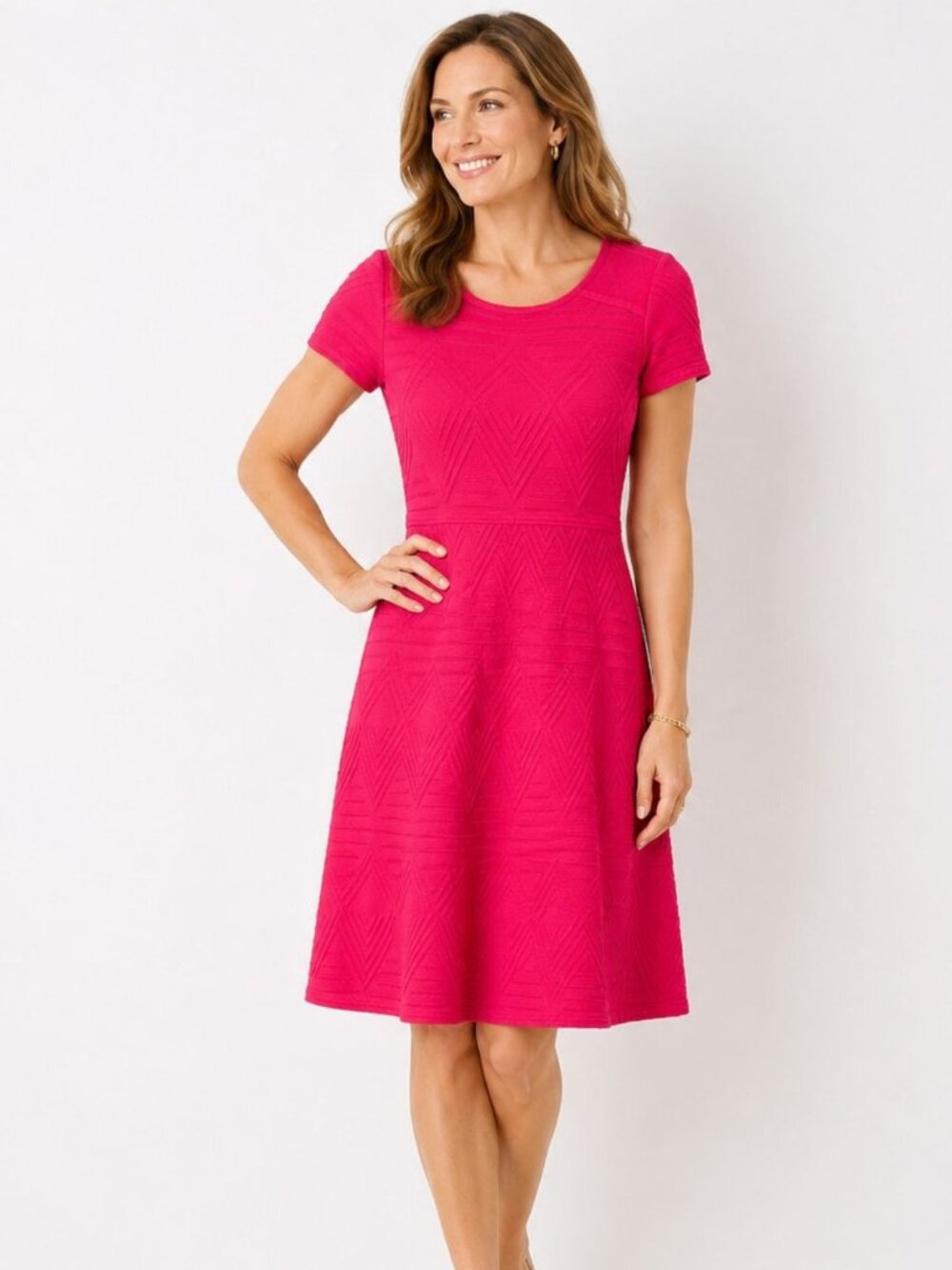 Talbots Fit & Flare Knit Dress Pink Textured Geometric Short Sleeve Women’s M